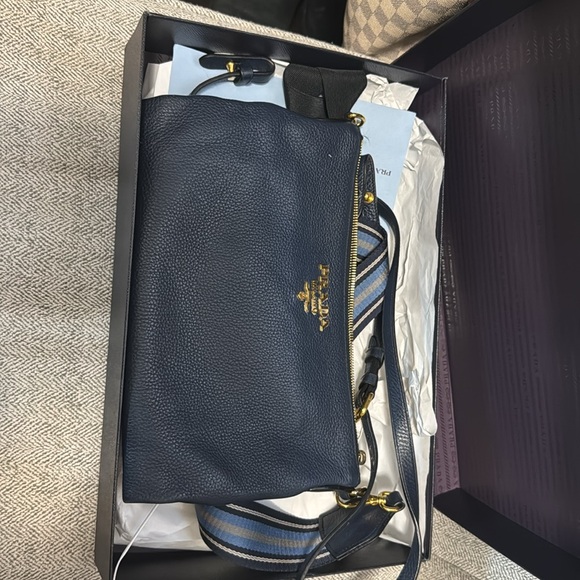 Prada Baltico Blue Vitello Phenix Double Zip Leather Crossbody,Color: Blue/Gold. - Picture 8 of 8